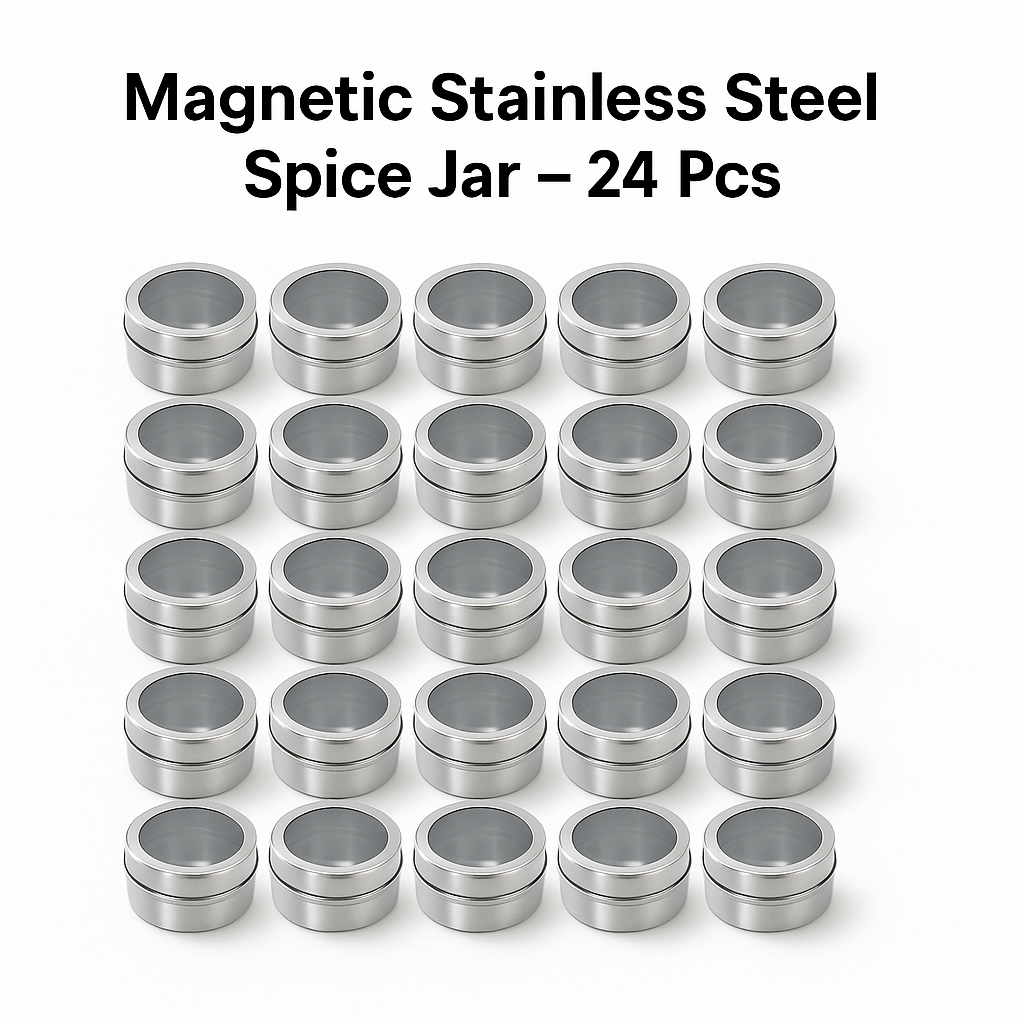 24 pcs/Set Magnetic Spice Container Tins Jars Storage Clear Lid Stainless Steel-NEW