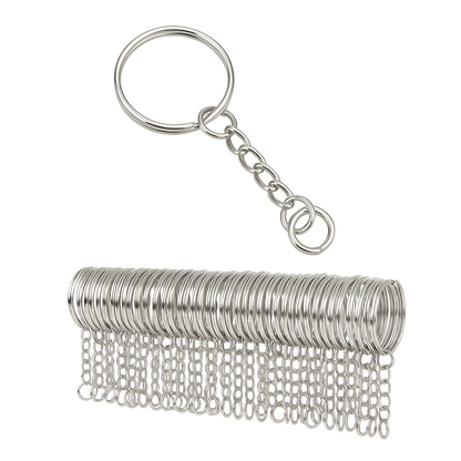 100 Pcs Bulk Split Metal Key Rings with Link Chains – Silver Alloy-NEW