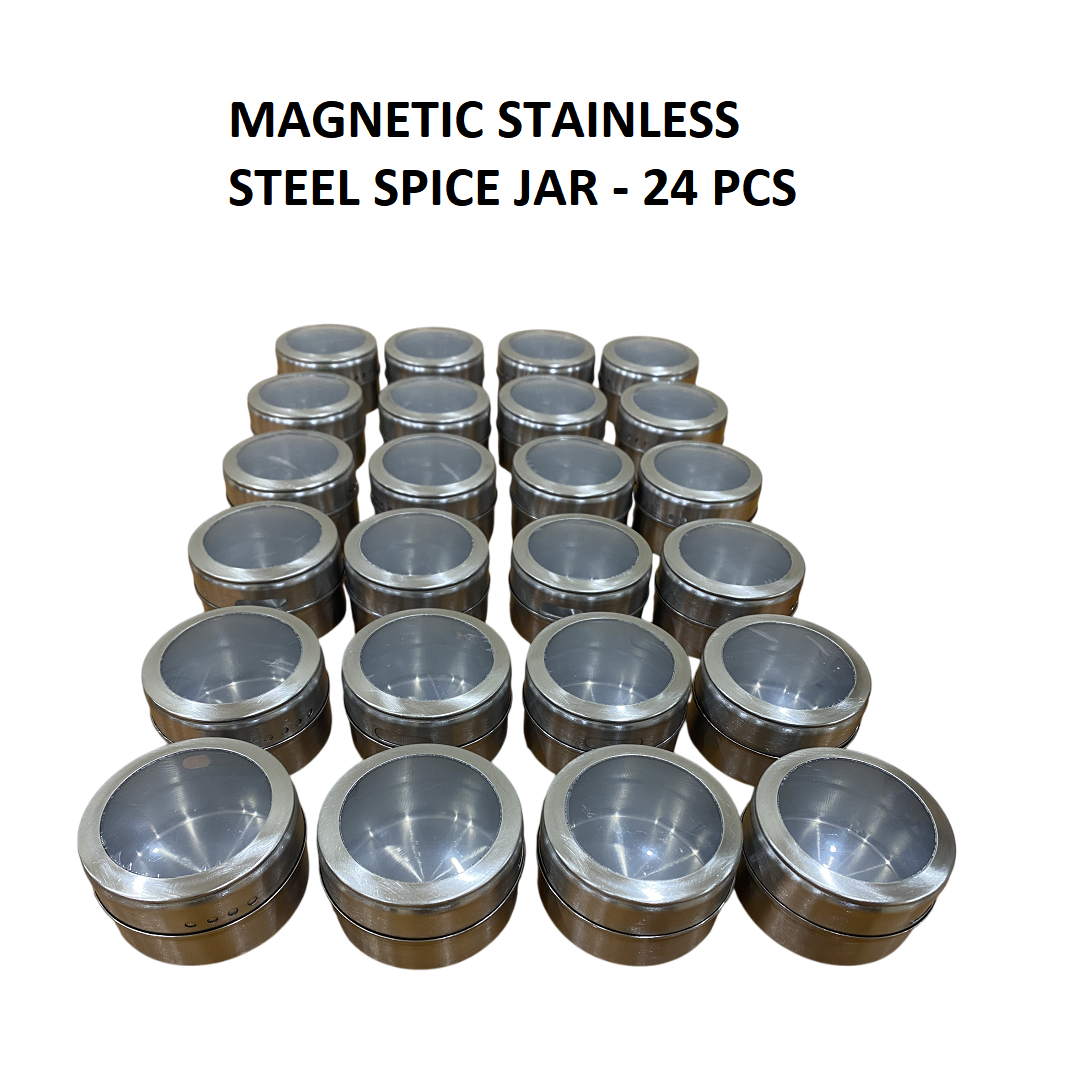 24 pcs/Set Magnetic Spice Container Tins Jars Storage Clear Lid Stainless Steel-NEW