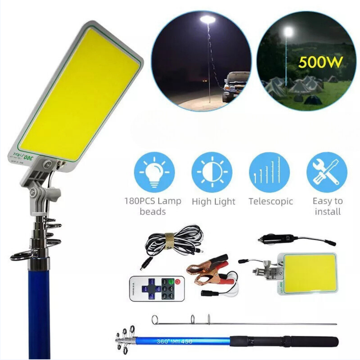 12V Portable Telescopic Light Fishing Rod Pole Camping Lamp Car Repair LED Light