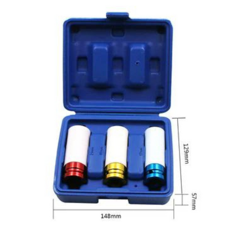 3pc Alloy Wheel Deep Impact Nut Socket Set 17, 19, 21mm 1/2'' with Nylon Sleeve