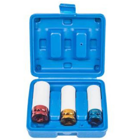 3pc Alloy Wheel Deep Impact Nut Socket Set 17, 19, 21mm 1/2'' with Nylon Sleeve