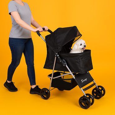 Pet Stroller Dog Cat Carrier – Foldable 4-Wheel Pushchair with Storage Basket -NEW