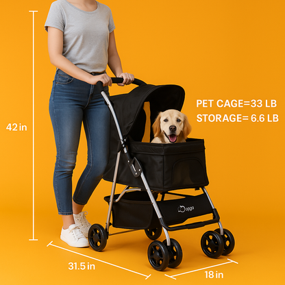 Pet Stroller Dog Cat Carrier – Foldable 4-Wheel Pushchair with Storage Basket -NEW