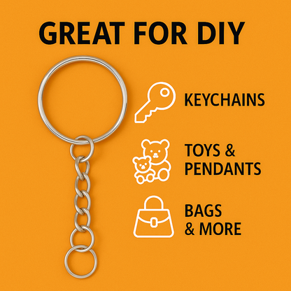 100 Pcs Bulk Split Metal Key Rings with Link Chains – Silver Alloy-NEW