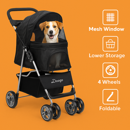 Pet Stroller Dog Cat Carrier – Foldable 4-Wheel Pushchair with Storage Basket -NEW