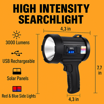 Powerful Solar LED Flashlight with USB Rechargeable Battery & Multi-Colour Light-New