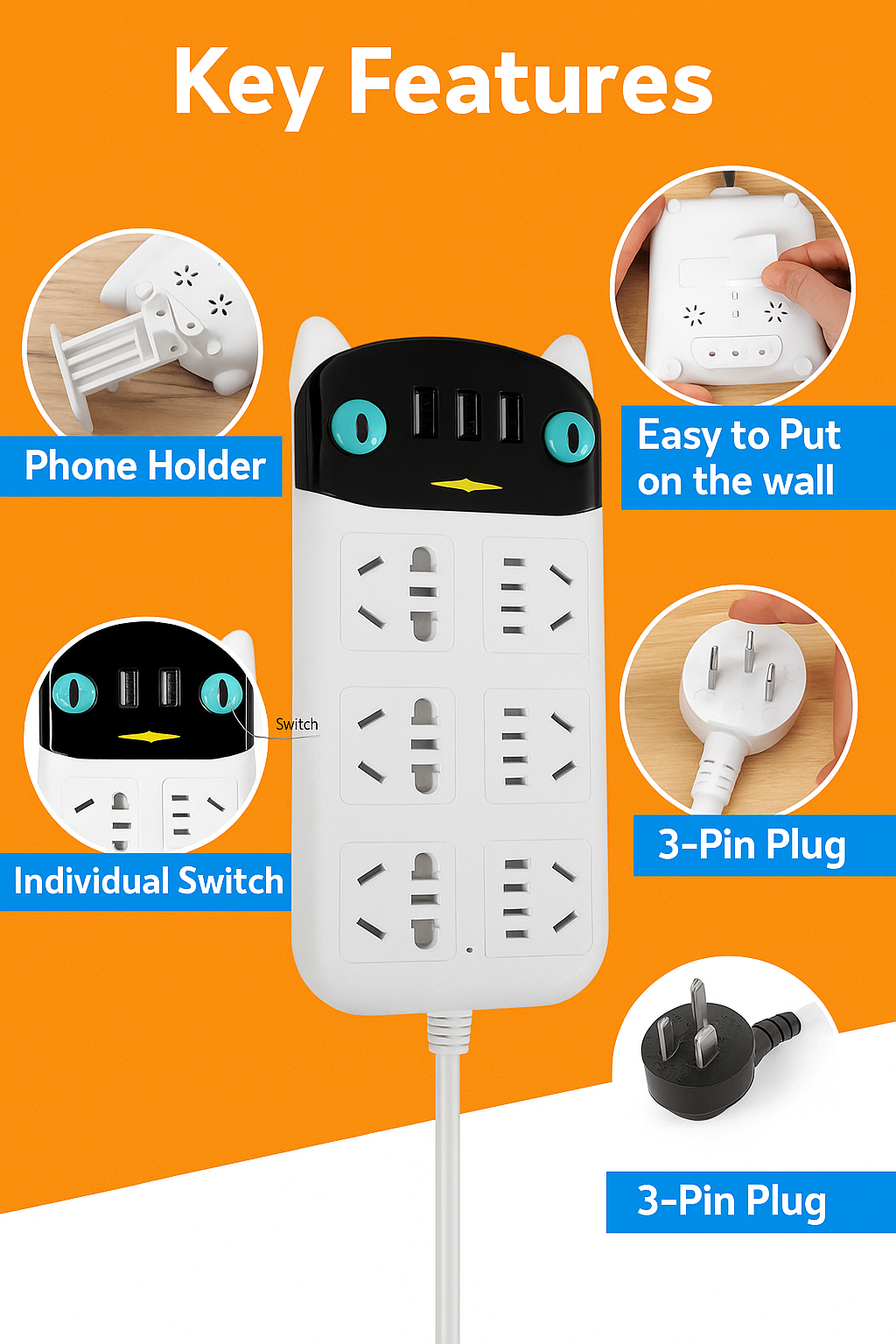 1.8M USB Charging Power Board – 6 Way Outlets + USB Ports-NEW