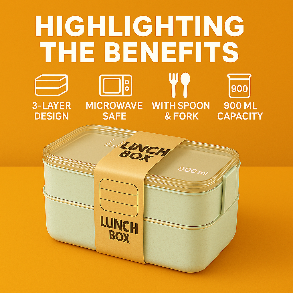 3-Layer Bento Lunch Box – 900ml Eco-Friendly Leakproof Food Container -NEW