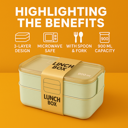 3-Layer Bento Lunch Box – 900ml Eco-Friendly Leakproof Food Container -NEW