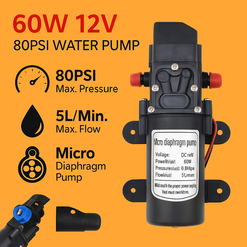 60W 12V 80PSI Water Pump – Self-Priming 5L/min High Pressure Pump for Caravan, Boat, and Camping-NEW