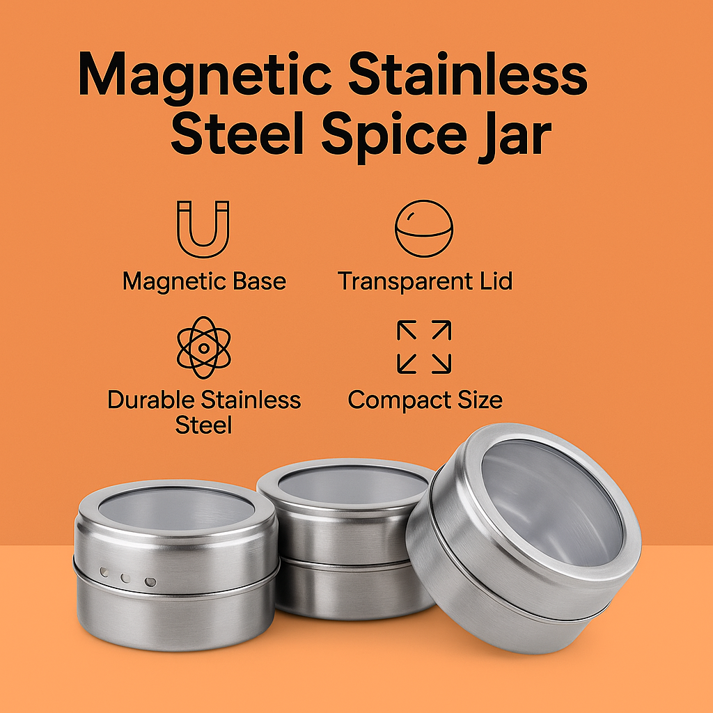 24 pcs/Set Magnetic Spice Container Tins Jars Storage Clear Lid Stainless Steel-NEW