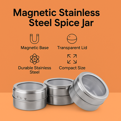 24 pcs/Set Magnetic Spice Container Tins Jars Storage Clear Lid Stainless Steel-NEW