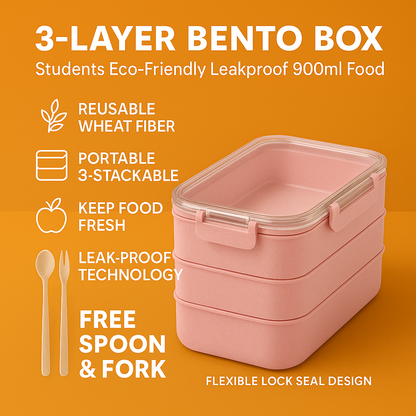 3-Layer Bento Lunch Box – 900ml Eco-Friendly Leakproof Food Container -NEW