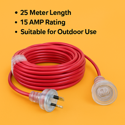 25M 15AMP Heavy Duty Power Extension Cable with 10AMP Plug-NEW