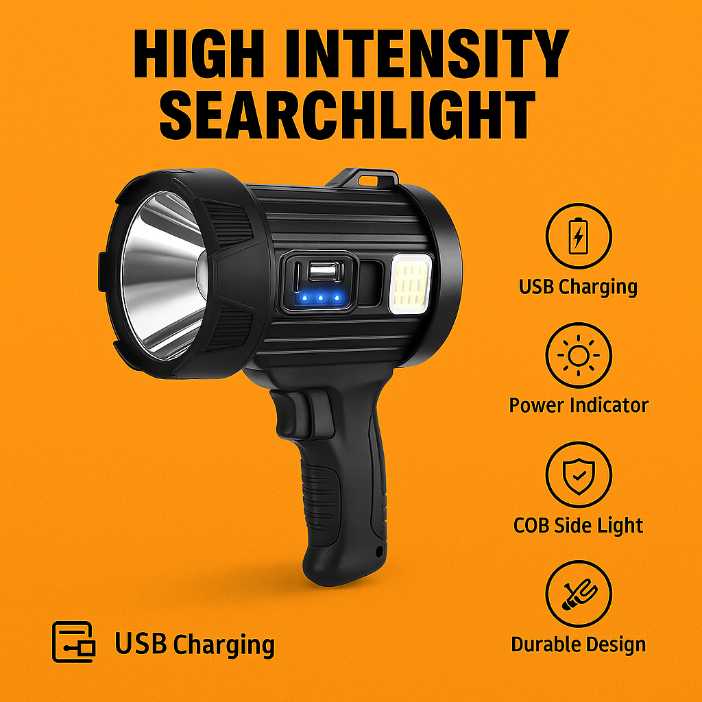 Powerful Solar LED Flashlight with USB Rechargeable Battery & Multi-Colour Light-New