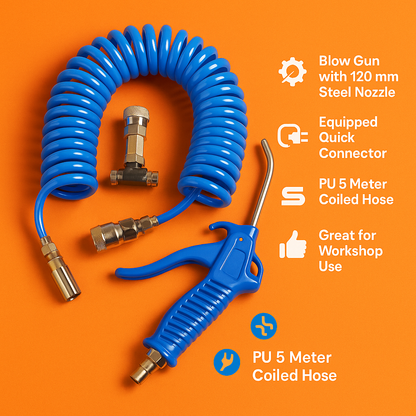 Heavy Duty Air Blower Duster Gun with 5 Meter PU Coiled Hose – Compressed Air Cleaning Tool-NEW