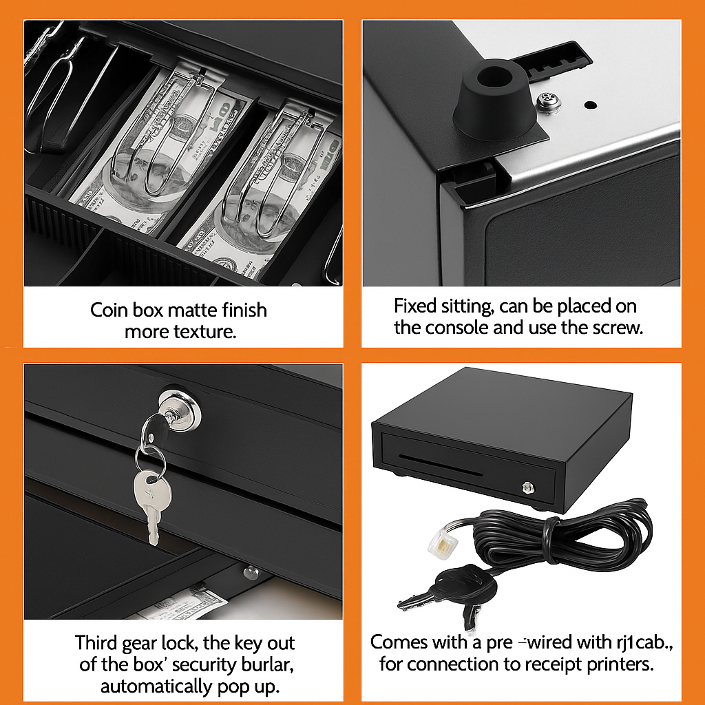 Heavy Duty Cash Drawer POS Register – 5 Bills 5 Coins Tray with RJ11 Cable -New