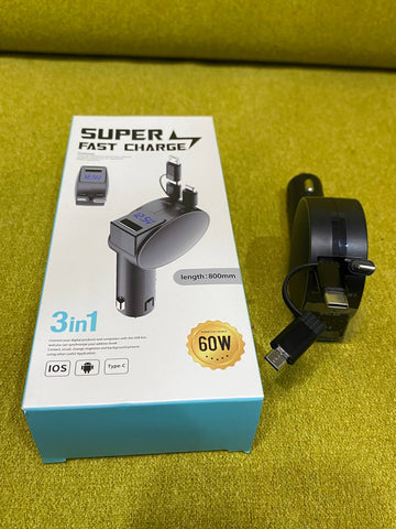3-in-1 60W Retractable Fast Charging Car USB Charger Power For iPhone Android AU