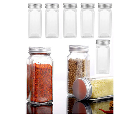 12xClear Square Glass Jars Lid Spice Herb Seasoning Condiment Storage Container