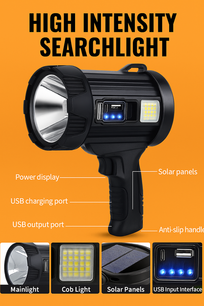 Powerful Solar LED Flashlight with USB Rechargeable Battery & Multi-Colour Light-New