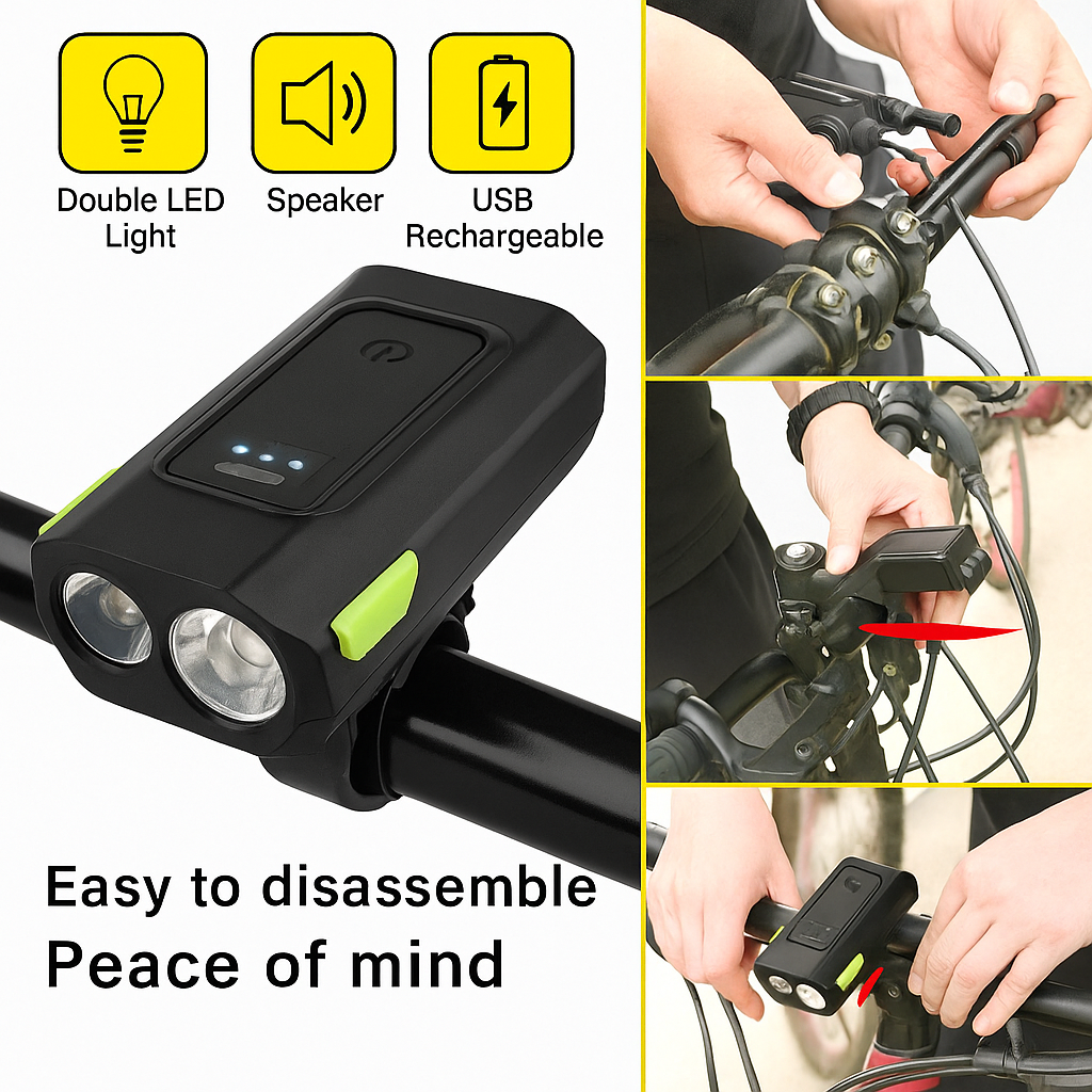 USB Rechargeable Bicycle Speaker Light with Dual LED & 2000mAh Battery-NEW
