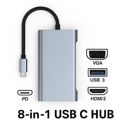 8 IN 1 USB-C Laptop Docking Station | PD, USB 3.0, 4K HDMI, VGA, SD/TF Hub-New