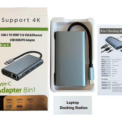 8 IN 1 USB-C Laptop Docking Station | PD, USB 3.0, 4K HDMI, VGA, SD/TF Hub-New