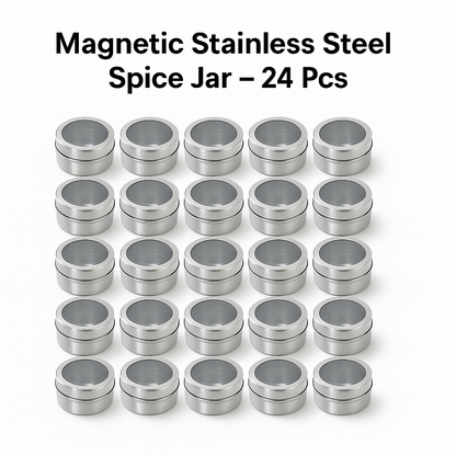 24 pcs/Set Magnetic Spice Container Tins Jars Storage Clear Lid Stainless Steel-NEW