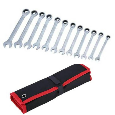 12Pc Ratchet Spanner Set Metric Open & Ring Wrenches 8-22mm CR-V + Rolling Bag