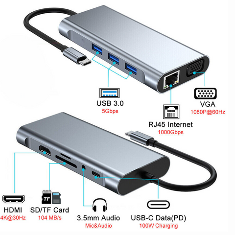 11 in 1 Laptop Docking Station Type-C HUB HDMI HD 4K USB 3.0 VGA PD SD /TF