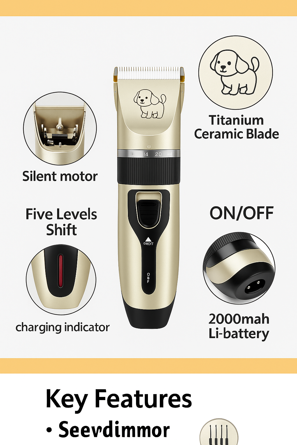Dog Hair Trimmer – Cordless Pet Grooming Clipper with Ceramic Blade (Gold)-NEW