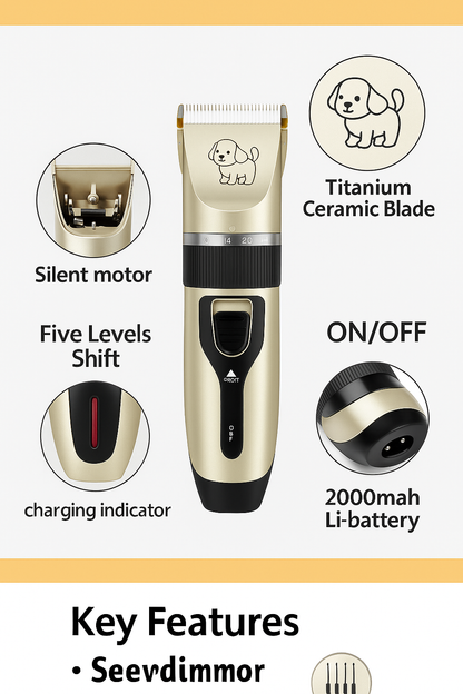 Dog Hair Trimmer – Cordless Pet Grooming Clipper with Ceramic Blade (Gold)-NEW