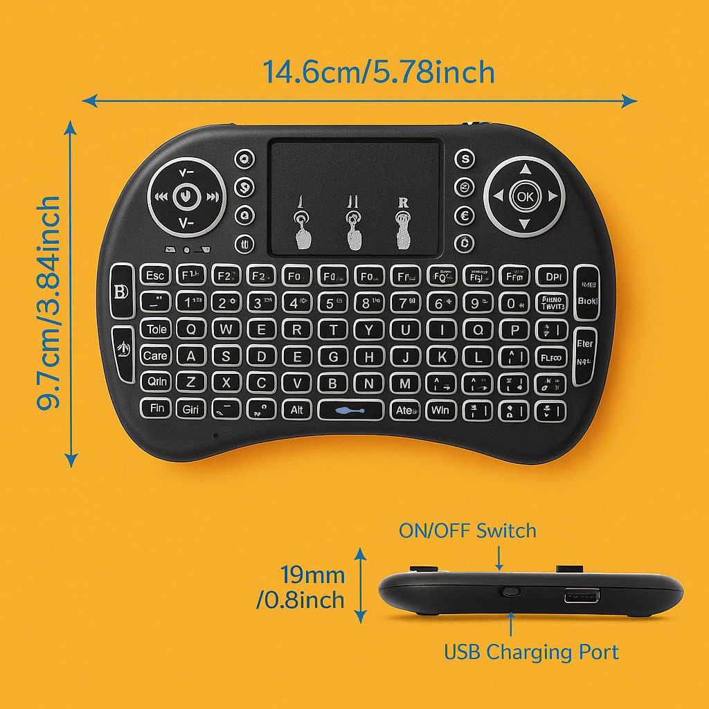 Mini Wireless Keyboard with Touchpad – 2.4GHz Portable Backlit Keyboard for Smart TV, PC & Android (Black)-NEW