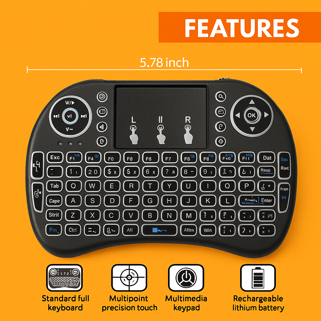Mini Wireless Keyboard with Touchpad – 2.4GHz Portable Backlit Keyboard for Smart TV, PC & Android (Black)-NEW