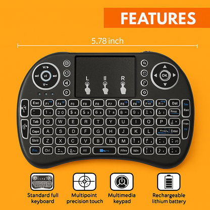 Mini Wireless Keyboard with Touchpad – 2.4GHz Portable Backlit Keyboard for Smart TV, PC & Android (Black)-NEW