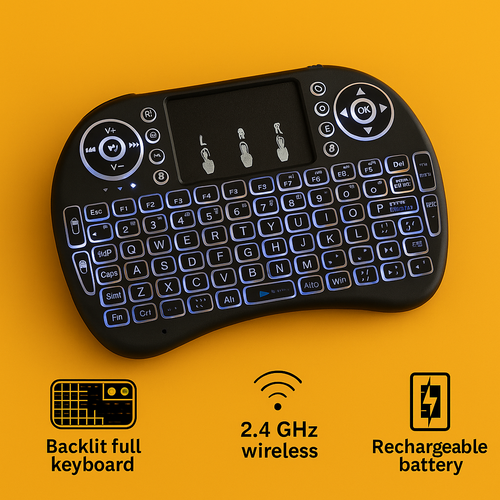 Mini Wireless Keyboard with Touchpad – 2.4GHz Portable Backlit Keyboard for Smart TV, PC & Android (Black)-NEW