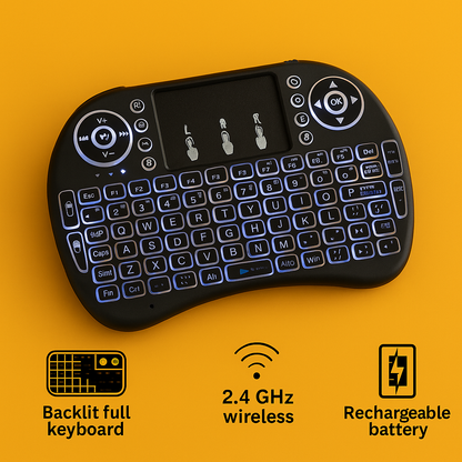 Mini Wireless Keyboard with Touchpad – 2.4GHz Portable Backlit Keyboard for Smart TV, PC & Android (Black)-NEW