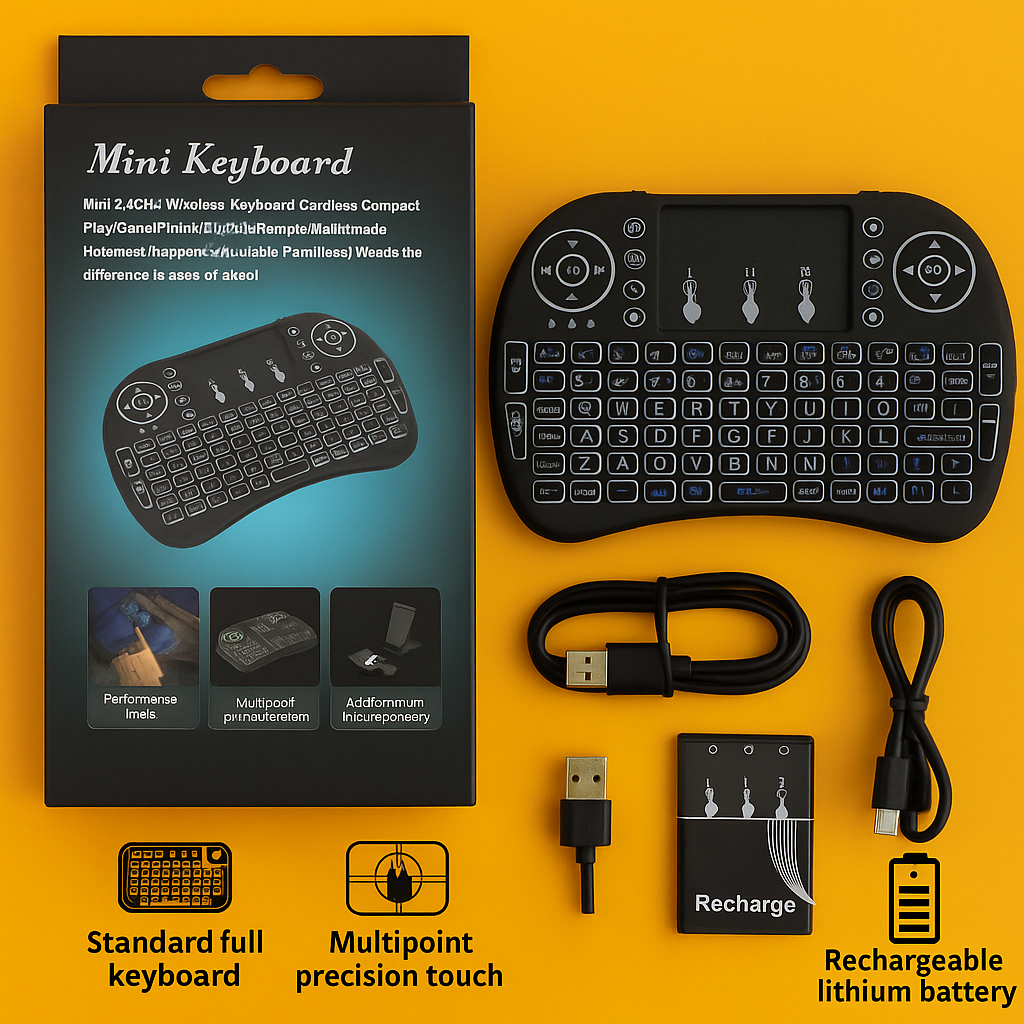 Mini Wireless Keyboard with Touchpad – 2.4GHz Portable Backlit Keyboard for Smart TV, PC & Android (Black)-NEW