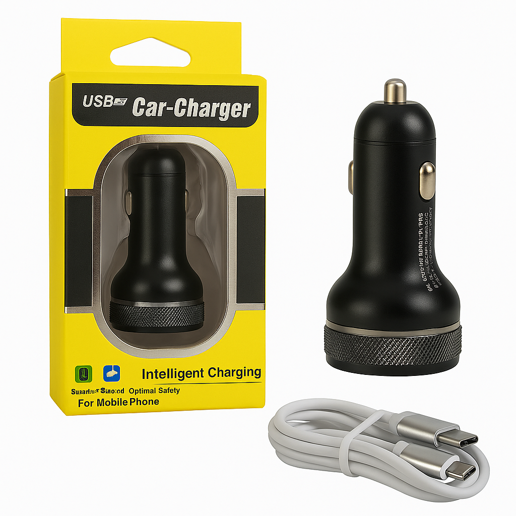 USB Car Charger 65W with Wire – Fast Dual-Port Charger for Huawei & iPhone -NEW