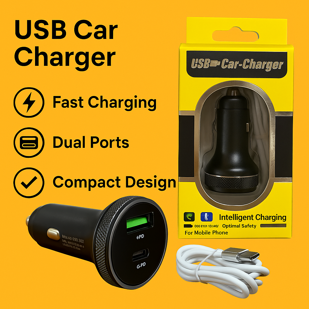 USB Car Charger 65W with Wire – Fast Dual-Port Charger for Huawei & iPhone -NEW