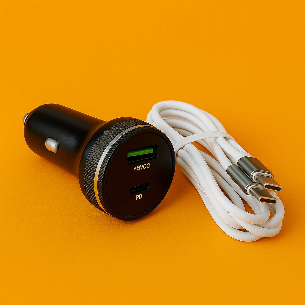USB Car Charger 65W with Wire – Fast Dual-Port Charger for Huawei & iPhone -NEW