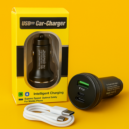 USB Car Charger 65W with Wire – Fast Dual-Port Charger for Huawei & iPhone -NEW