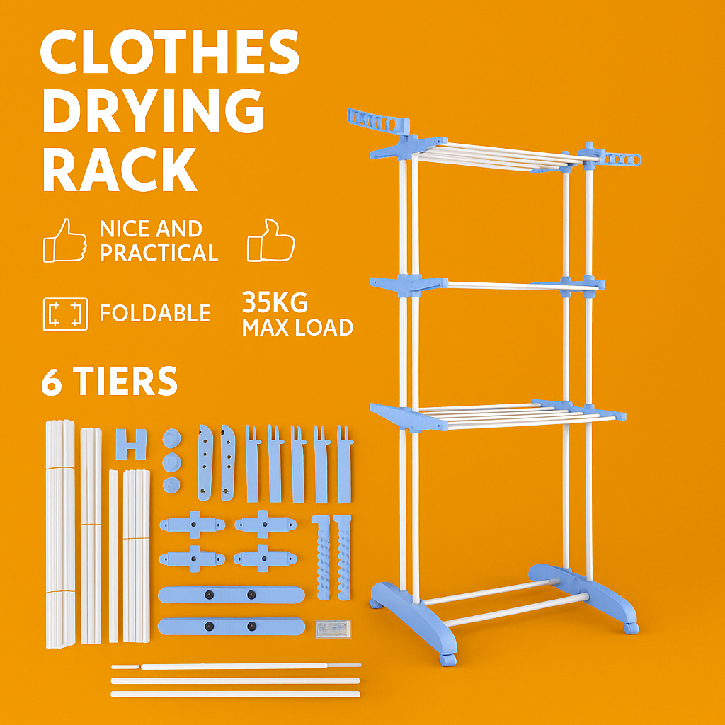 6 Tier Foldable Clothes Drying Rack with Hanging Wings – Stainless Steel Indoor/Outdoor-NEW