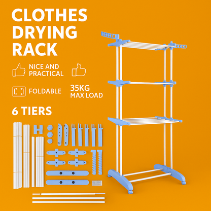 6 Tier Foldable Clothes Drying Rack with Hanging Wings – Stainless Steel Indoor/Outdoor-NEW