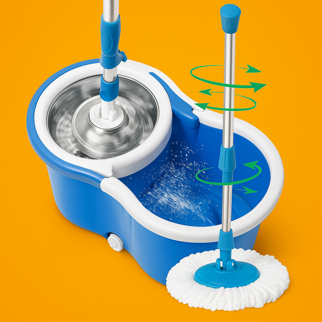 Stainless Steel 360° Spinning Mop Bucket – Easy Clean with 2 Free Mop Heads-NEW