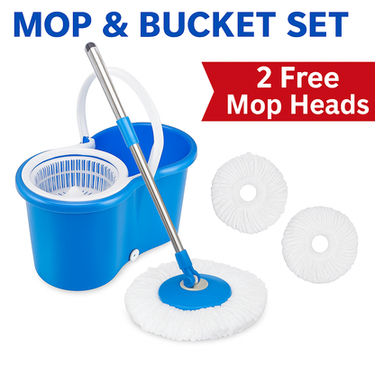 Stainless Steel 360° Spinning Mop Bucket – Easy Clean with 2 Free Mop Heads-NEW