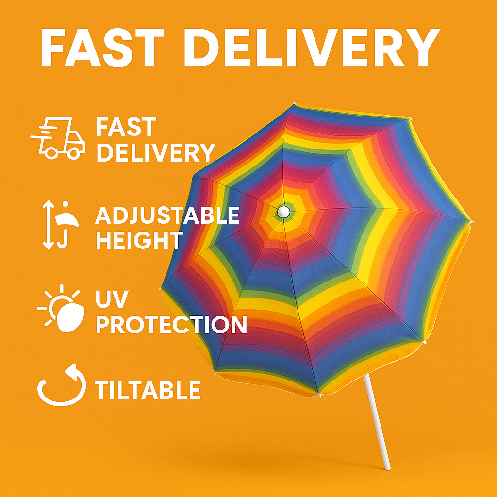 180cm Beach Umbrella Sun Shade – 150cm Wide Outdoor XL Size -NEW