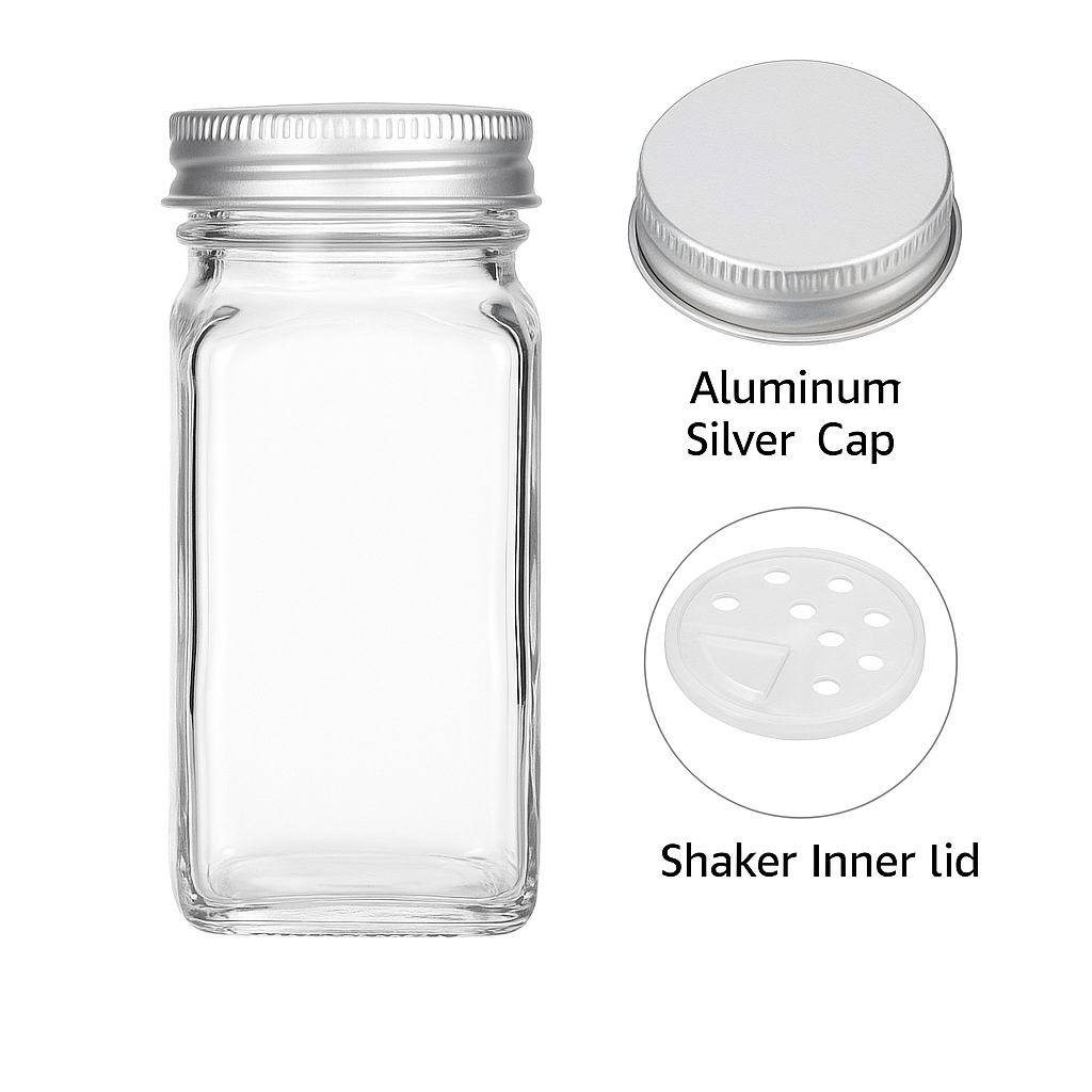 12PCS Clear Square Glass Spice Jars with Lids – 10.5cm-NEW