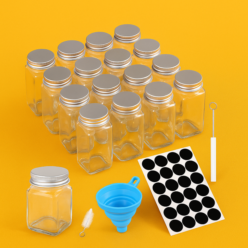12PCS Clear Square Glass Spice Jars with Lids – 10.5cm-NEW